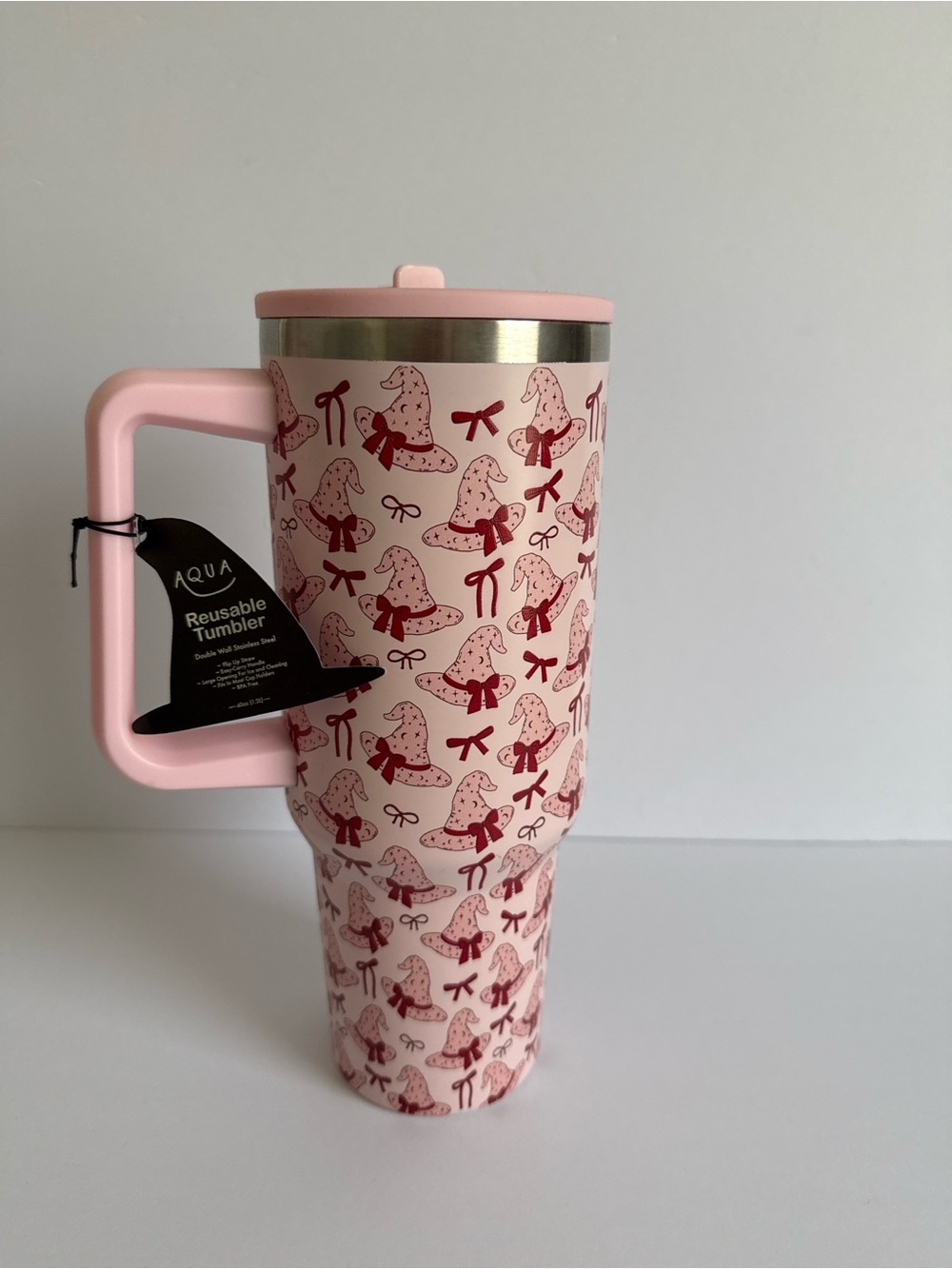 Pink Witch Hat Reusable Tumbler 40oz Stainless Steel Cup w/ Handle & Straw